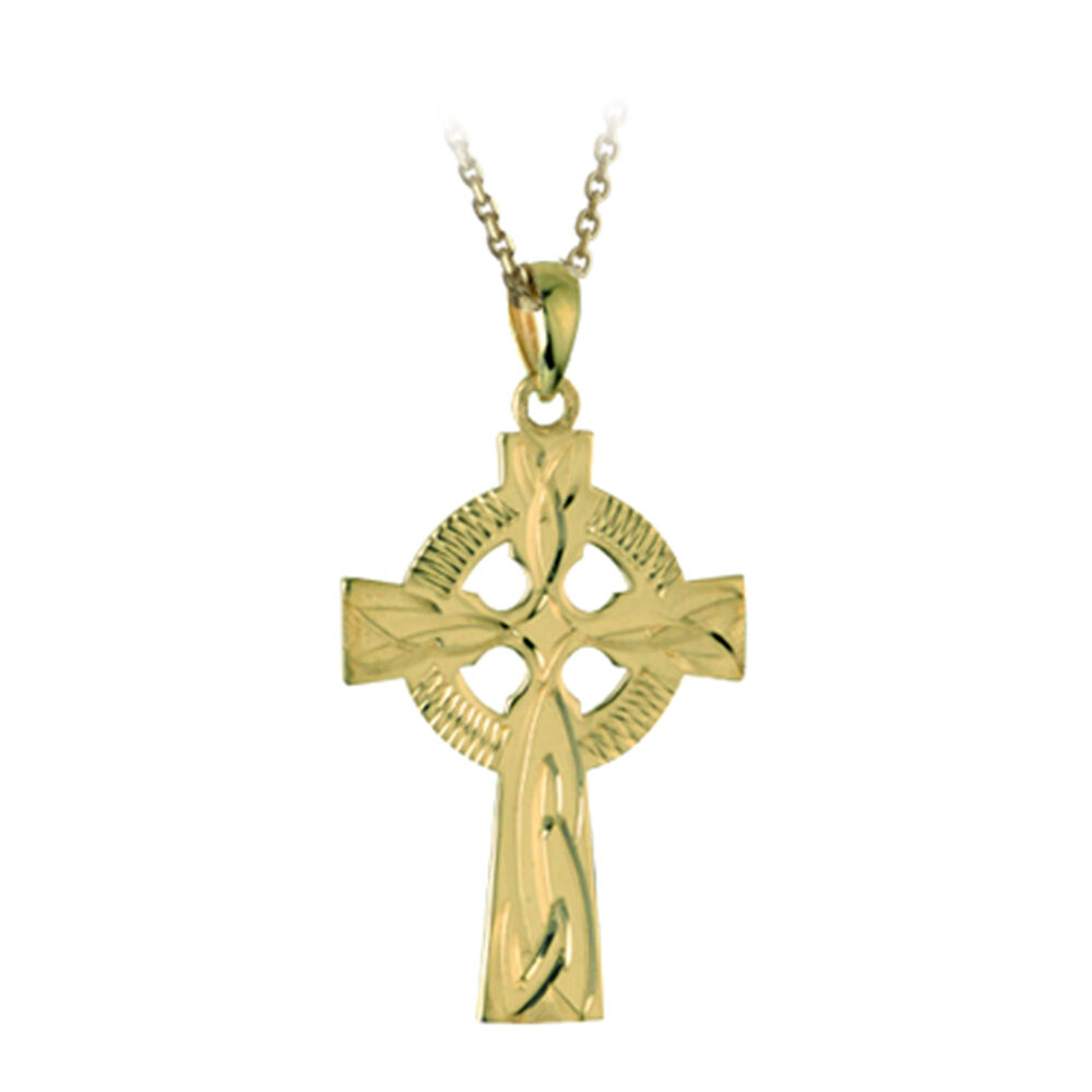 9ct Yellow Gold Hand Engraved Celtic Cross Pendant