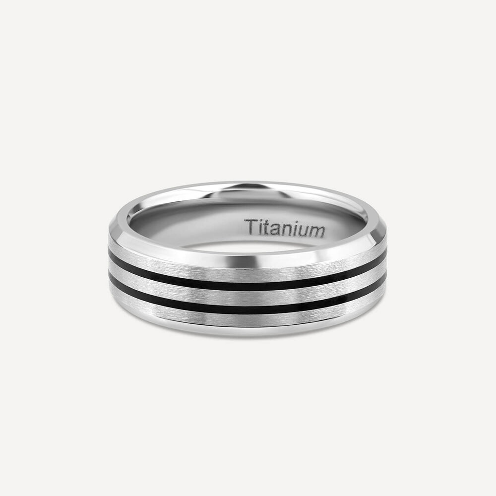 Titanium Centre Black Double Stripe Mens Band Ring image number 2