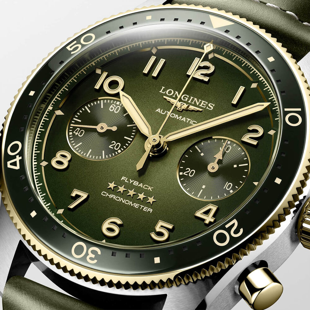 Longines Spirit Flyback Chronograph 42mm Green Dial Steel & 18k Gold Case Leather Strap Watch image number 2