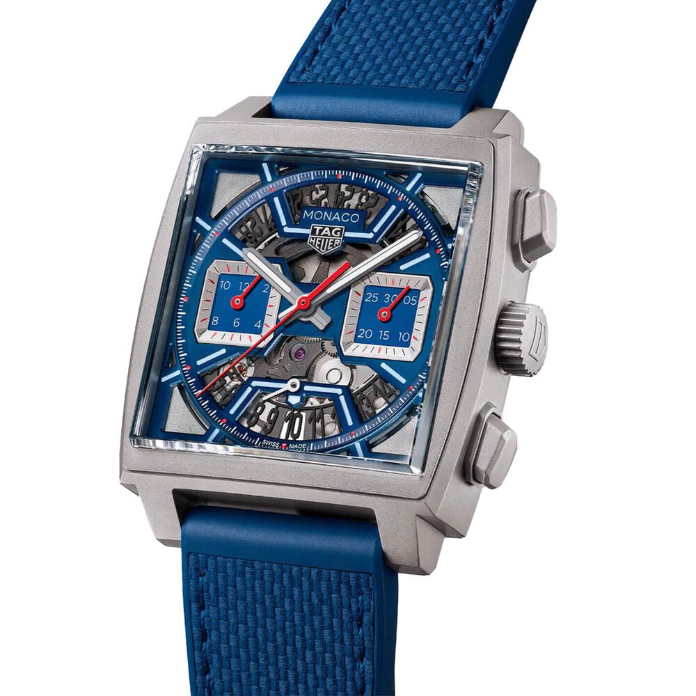 TAG Heuer Monaco Chronograph 39mm Blue Skeleton Dial Rubber Strap Watch