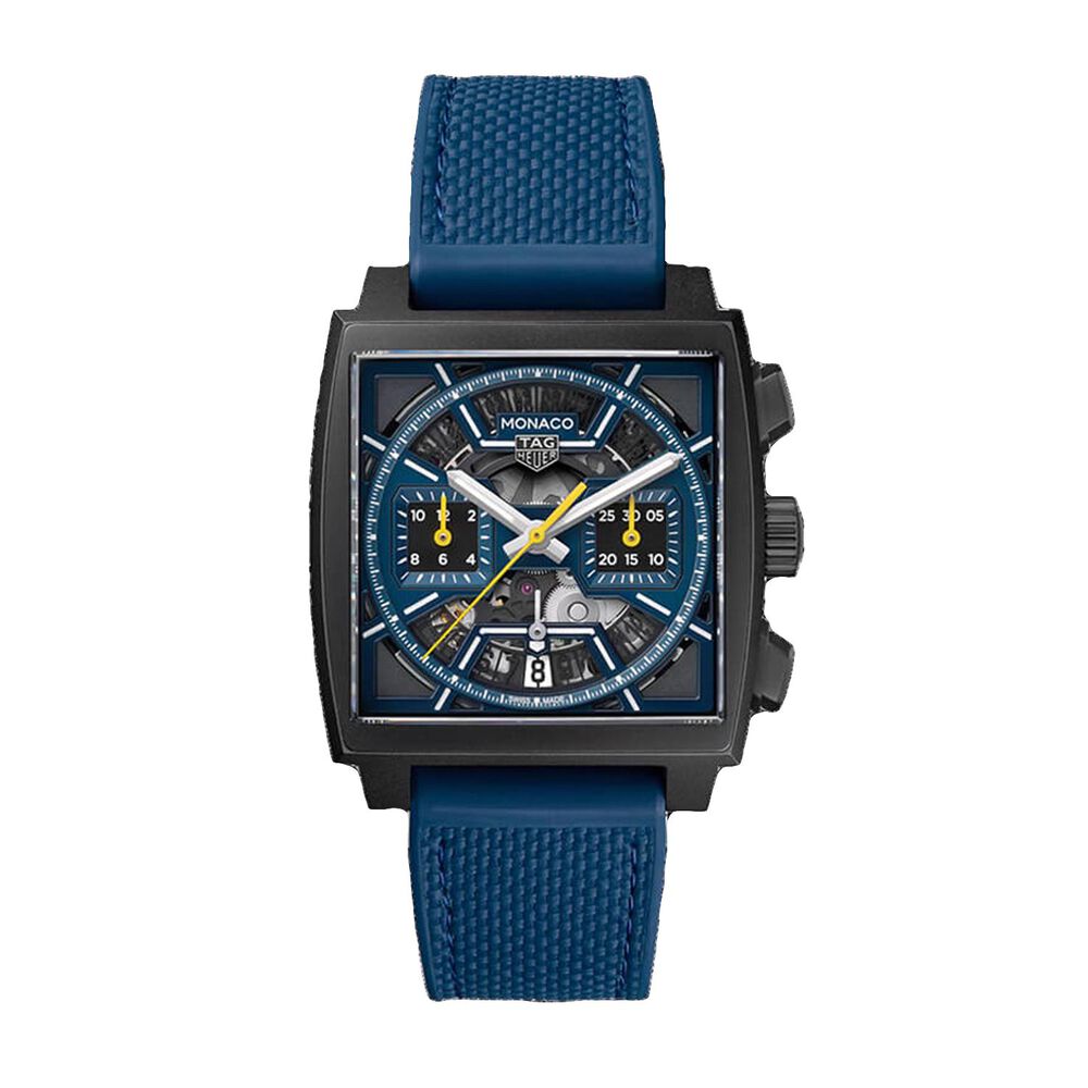 TAG Heuer Monaco Chronograph 39mm Dark Blue Skeleton Dial Rubber Strap Watch