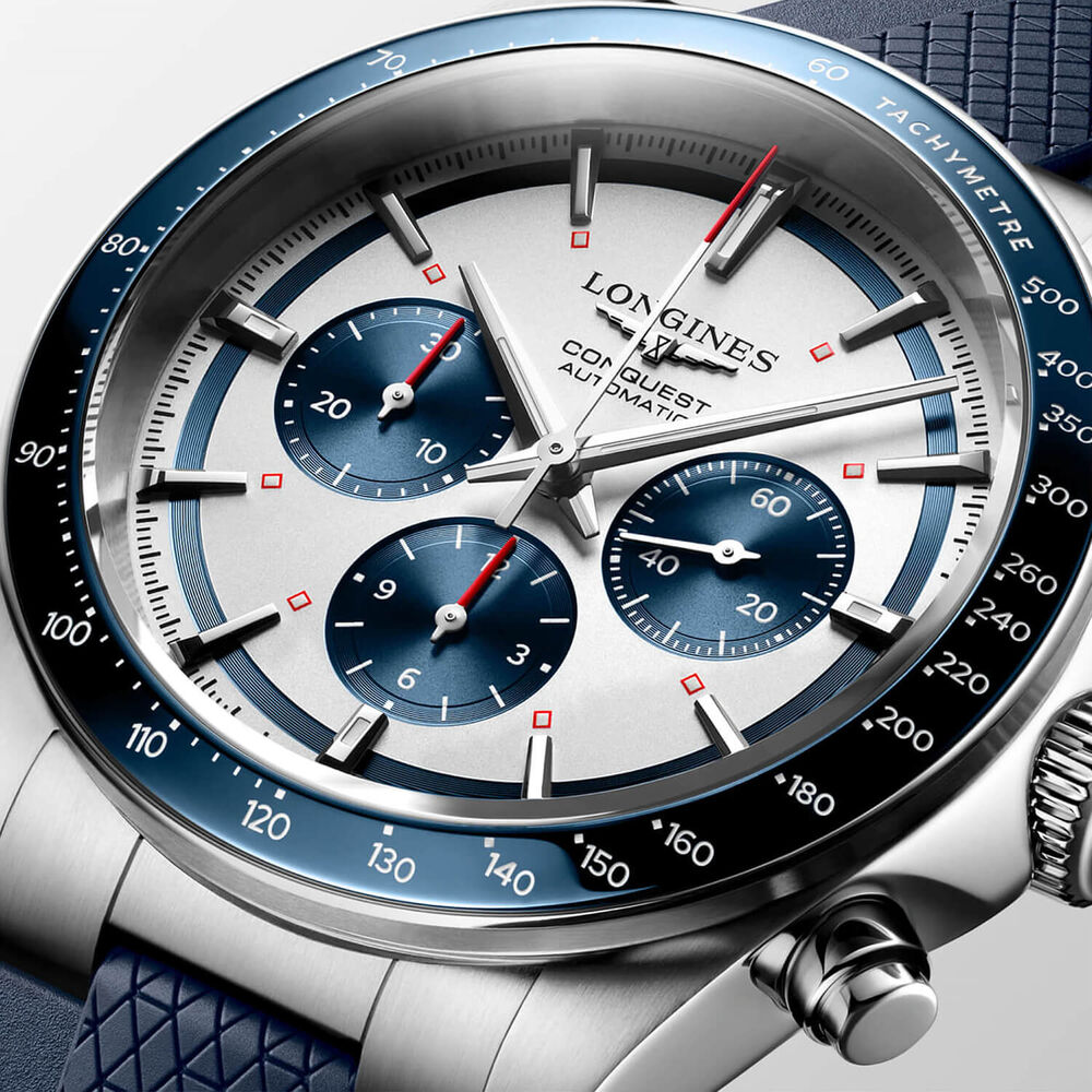 Longines Conquest Chronograph 42mm Silver Dial Blue Rubber Strap Watch image number 2