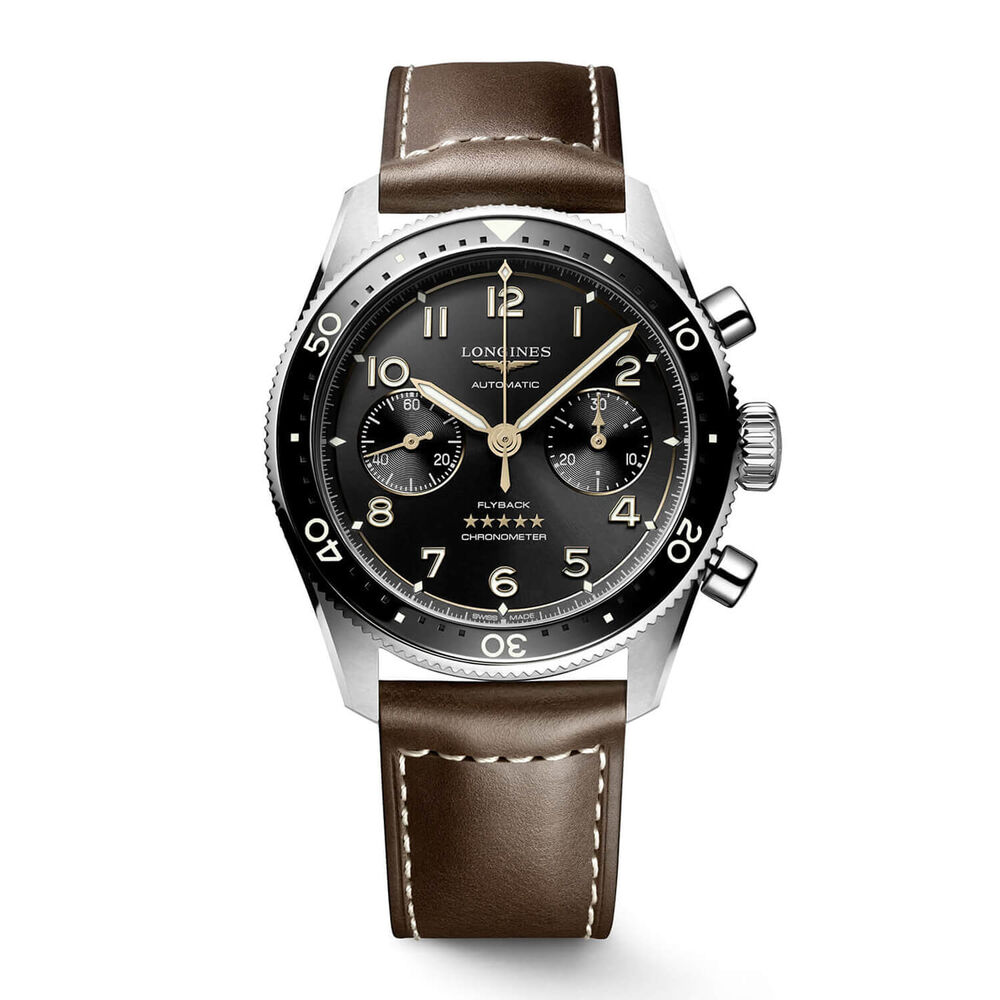 Longines Avigation Spirit Flyback 42mm Black Chronograph Dial Brown Strap Watch image number 0