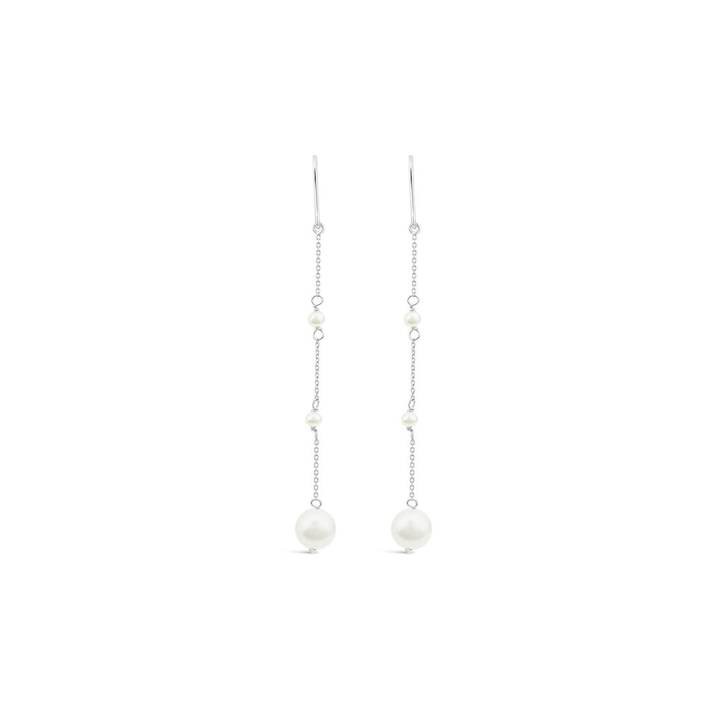 9ct White Gold Pearl Station Chain Drop Earrings