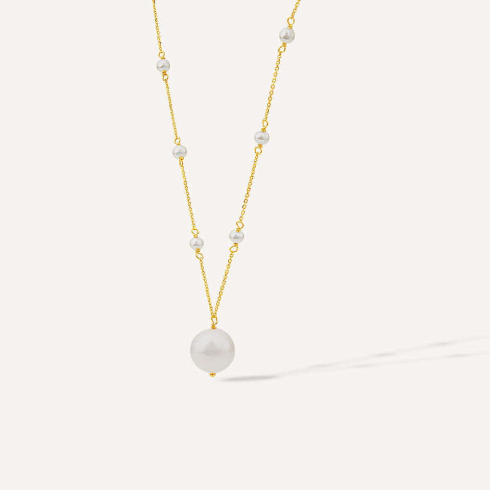 9ct Yellow Gold Pearl Station Chain & Pearl Drop Pendant Necklet