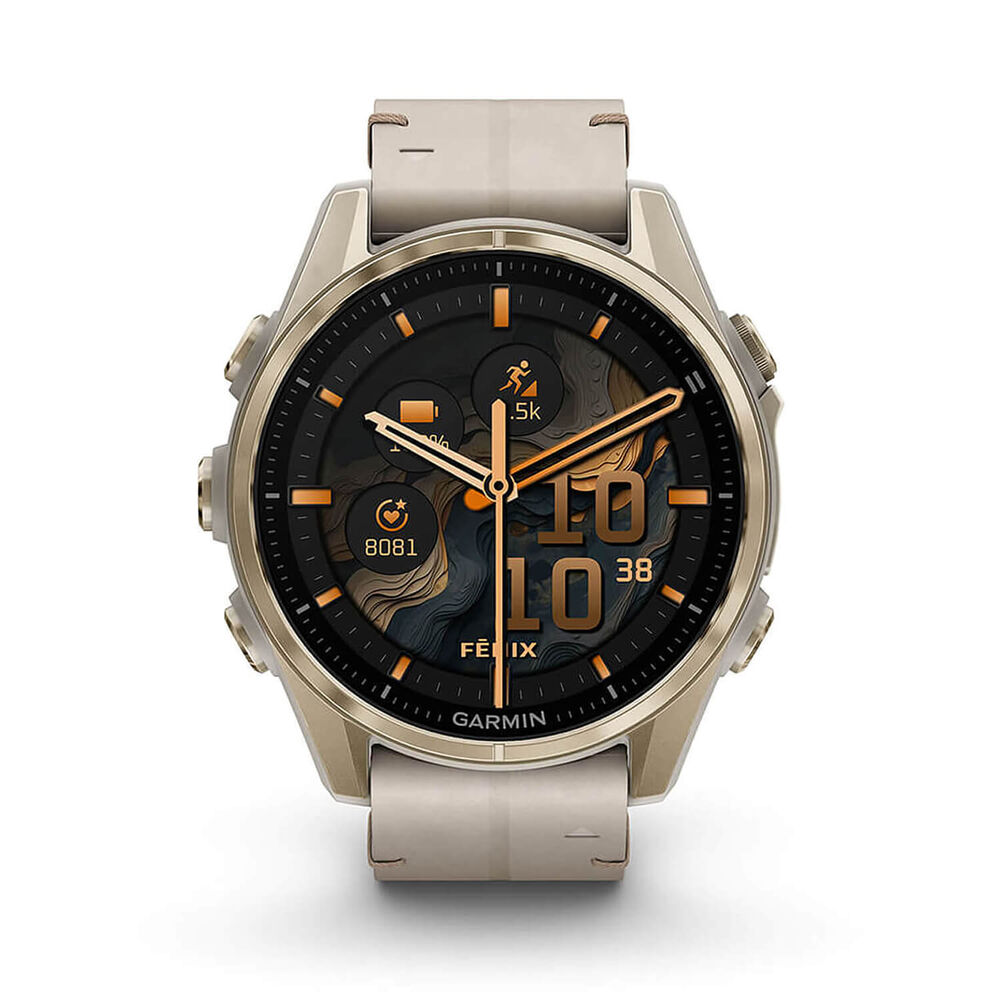 Garmin fenix® 8 AMOLED Sapphire 43mm Soft Gold Case Limestone Leather Strap Watch image number 1