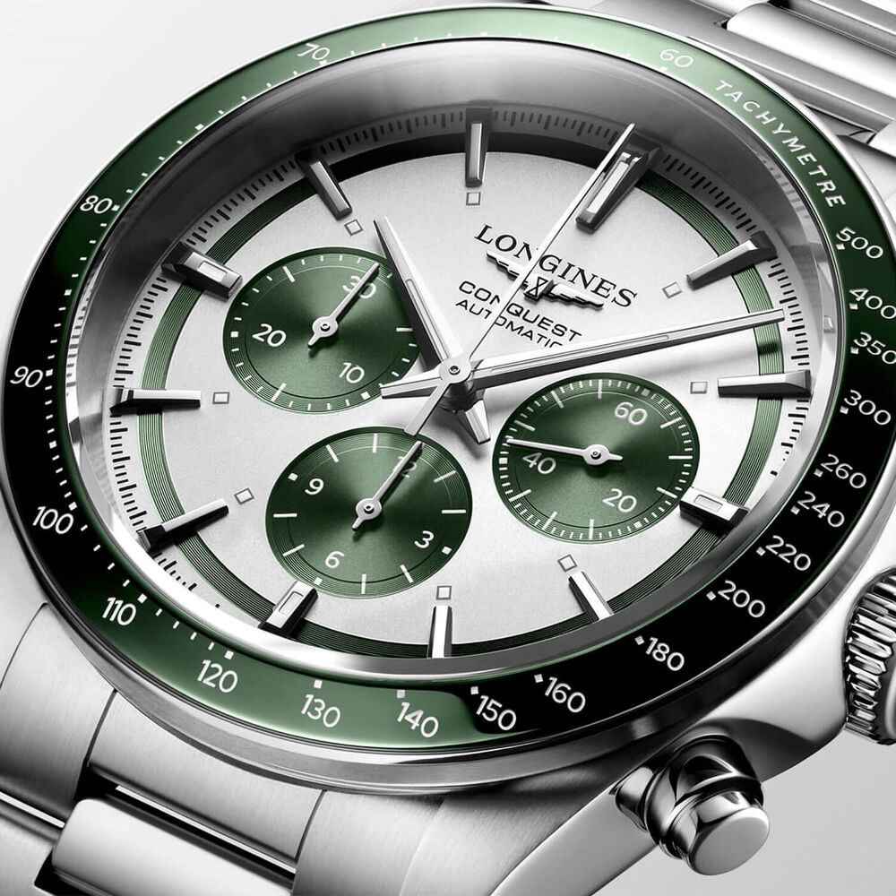 Longines Conquest 42mm Silver Dial Green Bezel Steel Bracelet Watch image number 2