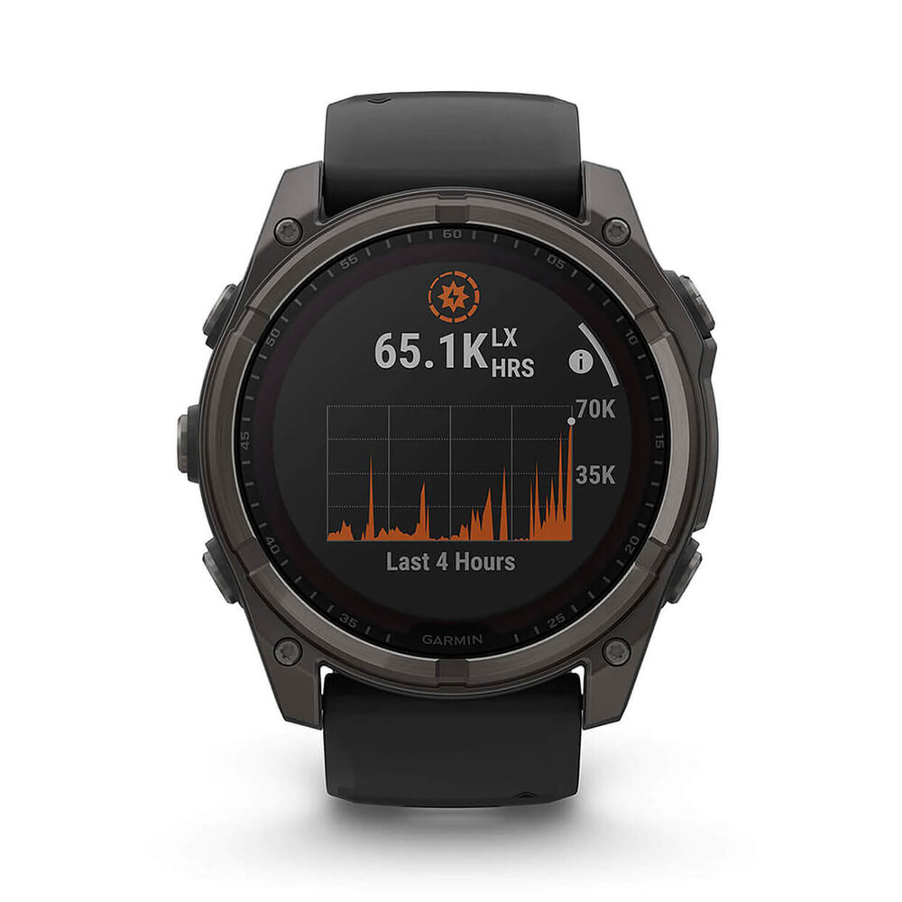 Garmin fenix® 8 Solar 51mm Carbon Grey DLC Titanium Case Black Pebble Gray Silicon Strap Watch image number 4