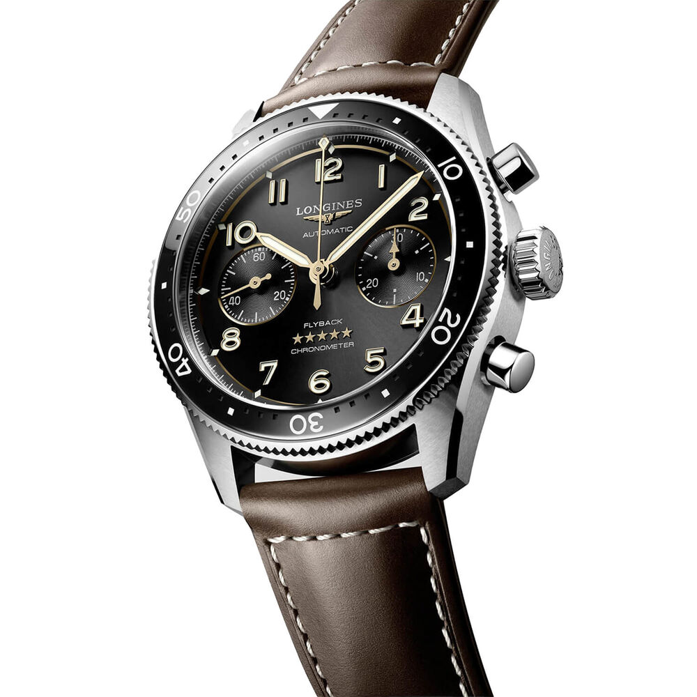 Longines Avigation Spirit Flyback 42mm Black Chronograph Dial Brown Strap Watch image number 2