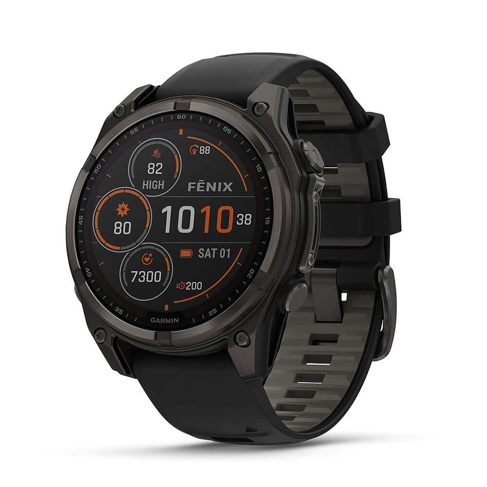 Garmin fenix® 8 Solar 47mm Carbon Grey DLC Titanium Case Black Pebble Gray Silicon Strap Watch