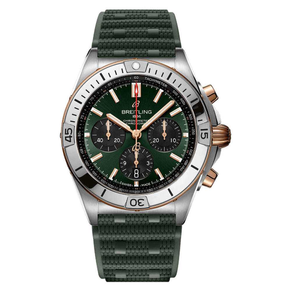 Breitling Chronomat B01 42mm Green Dial Steel & 18k Red Gold Case Rubber Strap Watch
