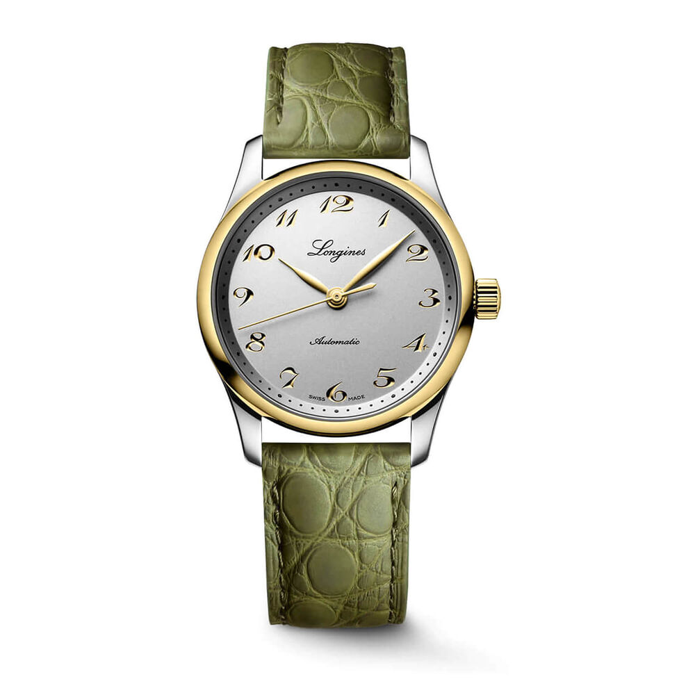 Longines Master Collection 34mm Silver Dial Yellow Gold Index Green Leather Strap Watch