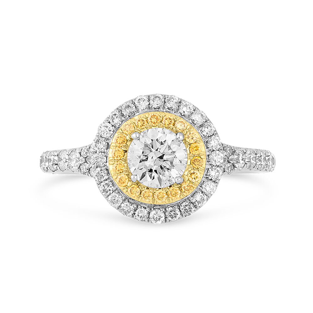 Platinum 1.04 carat white and round yellow diamond cluster ring image number 1