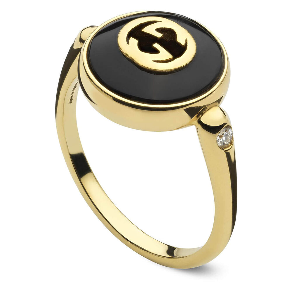 Gucci Interlocking Onyx 18k Yellow Gold Ring (UK Size O - P)
