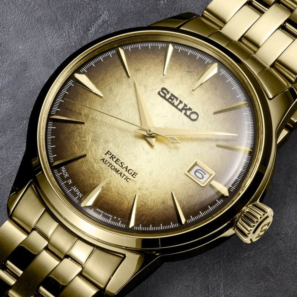 Seiko Presage 40.5mm Gold & Black Dial Yellow Gold PVD Case Bracelet Watch image number 2