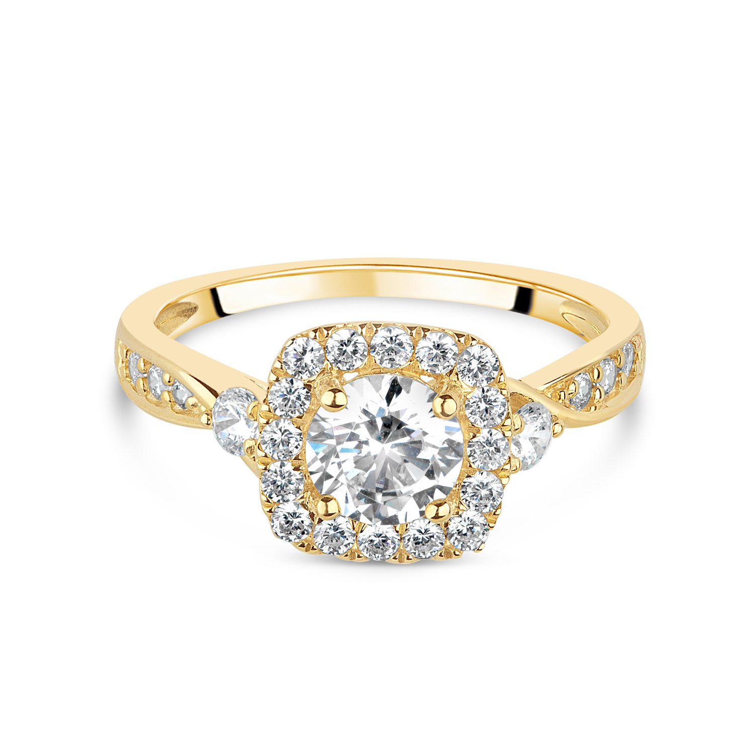 9ct Yellow Gold Cubic Zirconia Square Halo Twist Ring at Fraser Hart