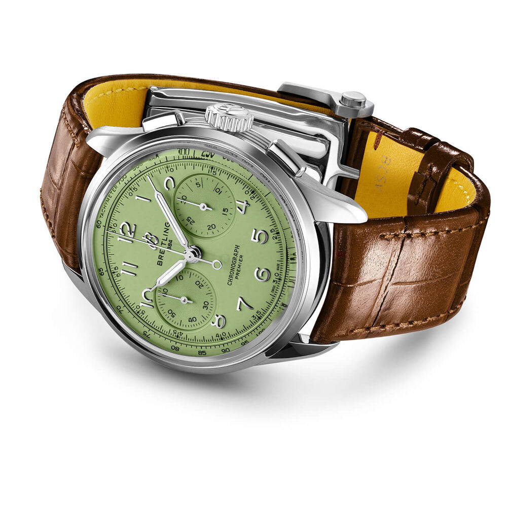 Breitling Premium B09 Chronograph 40mm Green Dial Brown Leather Strap Watch image number 2