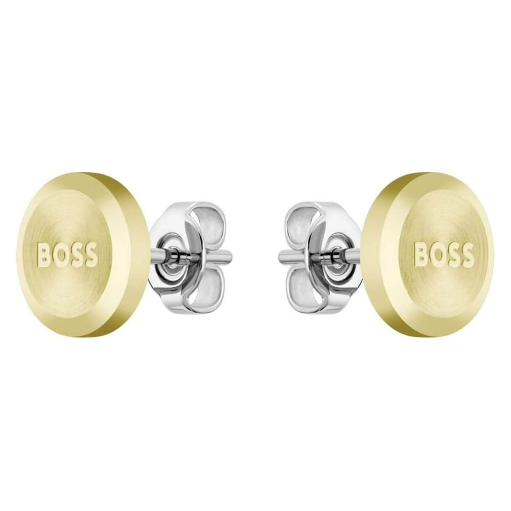 Gents BOSS Yann Light Yellow Gold IP Circle Earrings image number 0