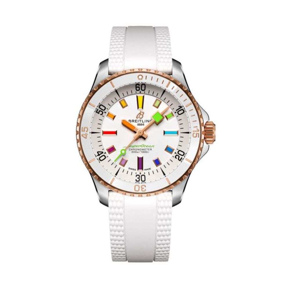 Breitling Superocean 36mm White Dial Rainbow Indexes Rubber Strap Watch image number 0