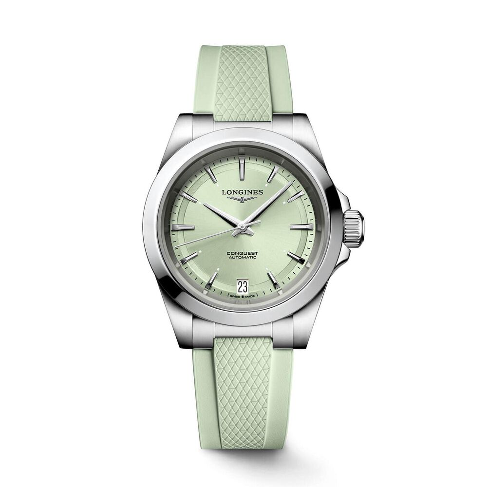 Longines Conquest 34mm Green Dial Rubber Strap Watch