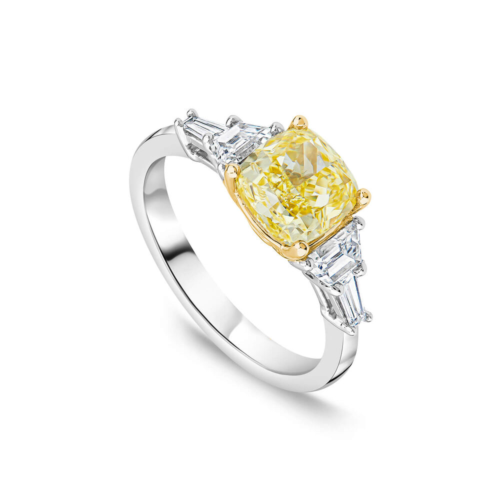 Born Platinum 2.60ct Yellow Cushion Centre & Tappered Trapezoid Lab Grown Diamond Sides Ring image number 0