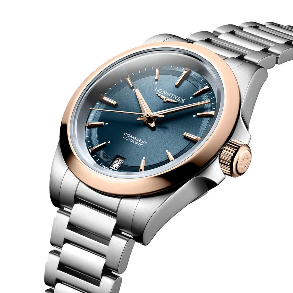 Longines Conquest 34mm Blue Dial Rose Gold Bezel Steel Bracelet Watch image number 2