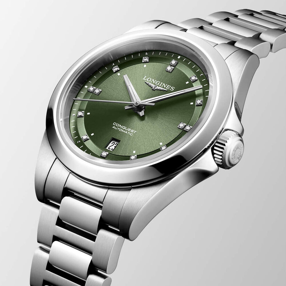 Longines Conquest 30mm Green Dial Diamond Dots Steel Bracelet Watch image number 2