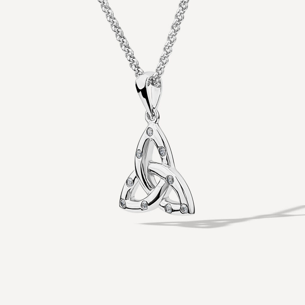 Silver Flush Set Cubic Zirconia Small Trinity Knot Pendant image number 1