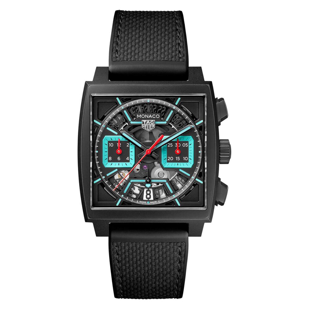 TAG Heuer Monaco Chronograph 39mm Black Skeleton Dial Turqoise Accents Rubber Strap Watch