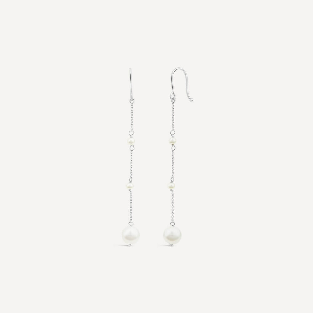 9ct White Gold Pearl Station Chain Drop Earrings image number 1