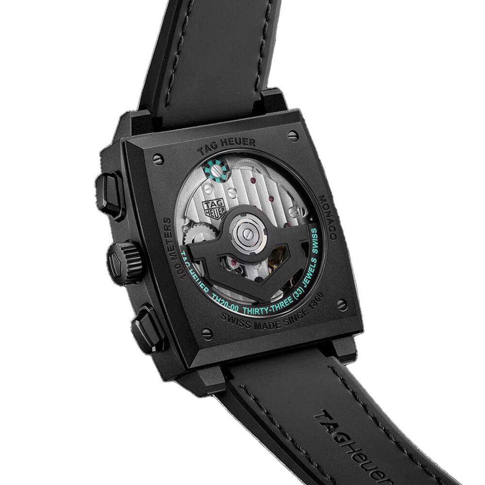 TAG Heuer Monaco Chronograph 39mm Black Skeleton Dial Turqoise Accents Rubber Strap Watch image number 4