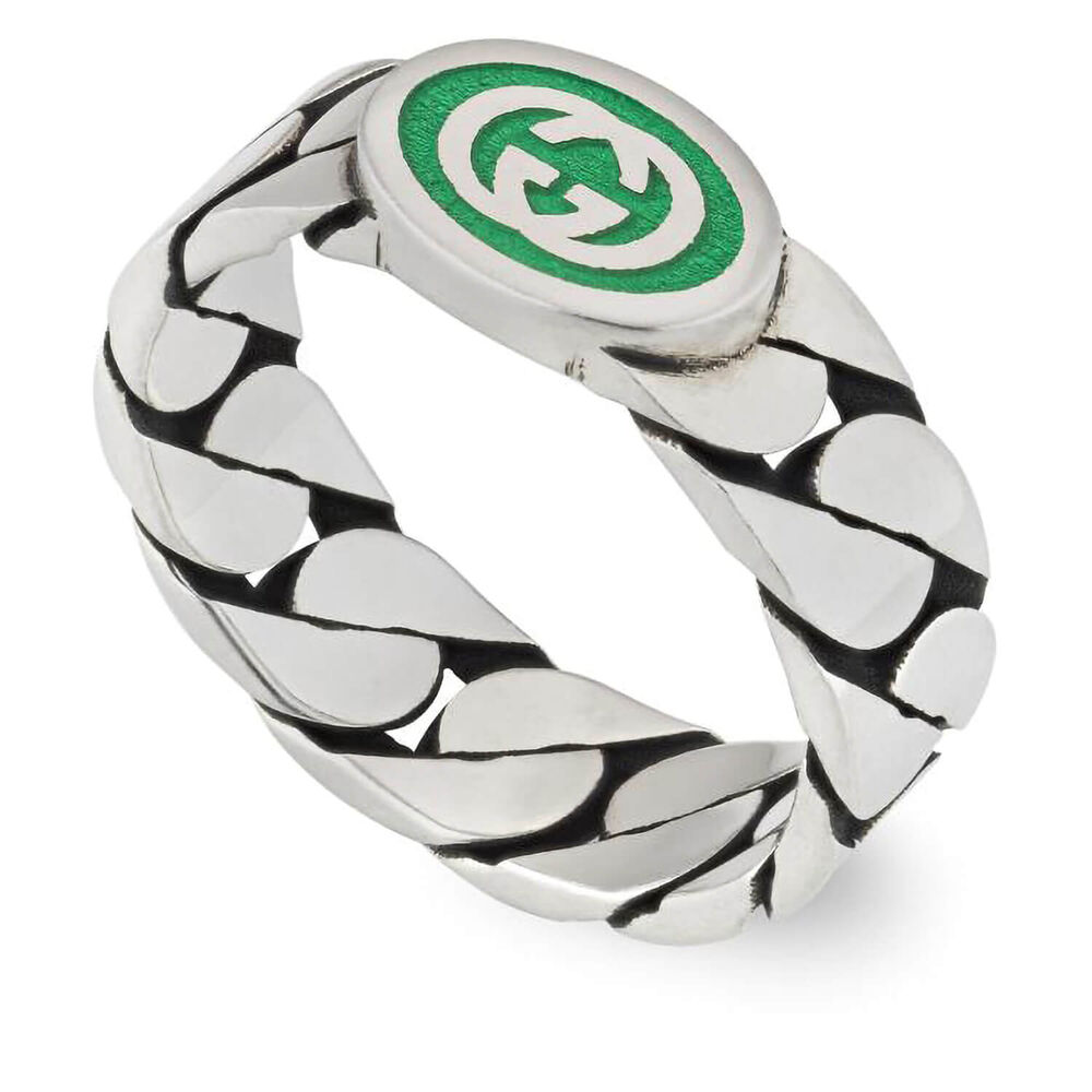 Gucci Interlocking Sterling Silver Green Enamel Ring (UK Size P)