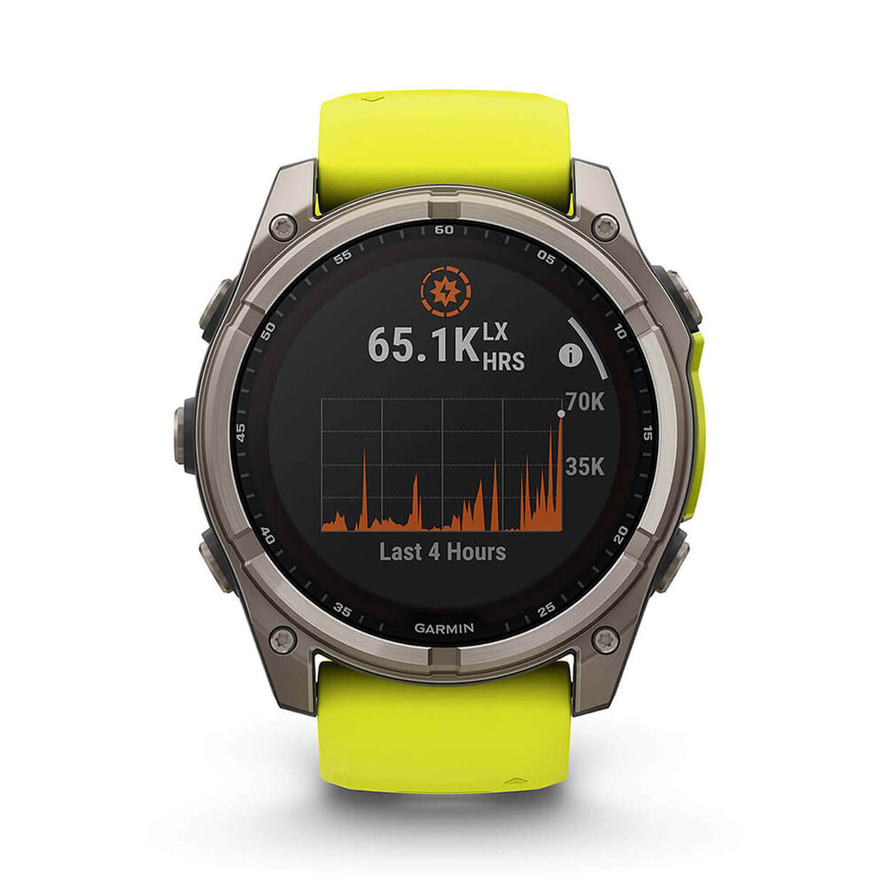 Garmin fenix® 8 Solar Sapphire 51mm Titanium Case Amp Yellow & Graphite Silicone Strap Watch image number 4