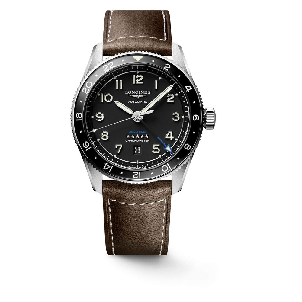 Longines Spirit Zulu 42mm Automatic Black Dial Black Bezel Brown Leather Strap Watch