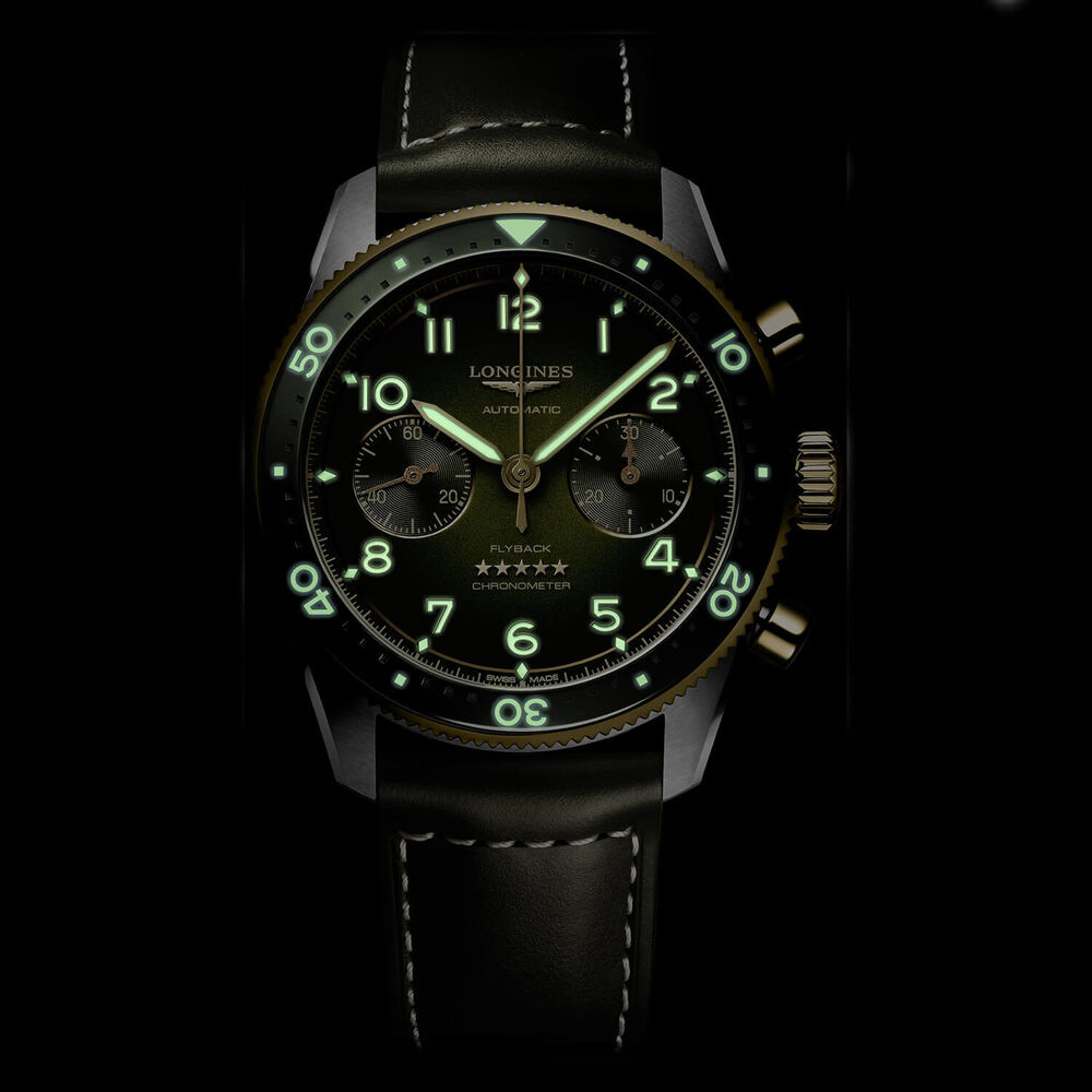 Longines Spirit Flyback Chronograph 42mm Green Dial Steel & 18k Gold Case Leather Strap Watch image number 6