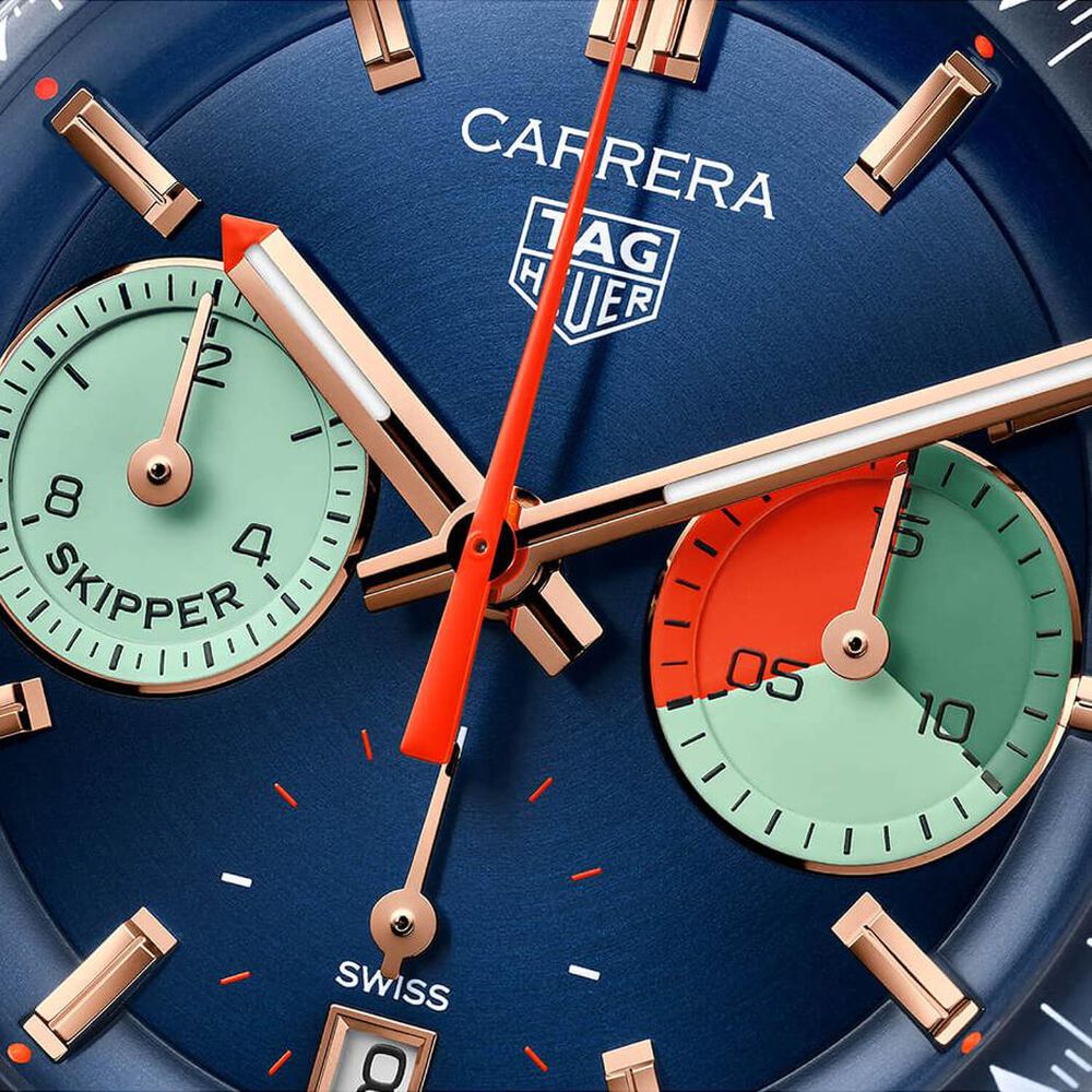 TAG Heuer Carrera Chronograph Skipper 39mm Blue Dial 18k Rose Gold Case Fabric Strap Watch image number 2