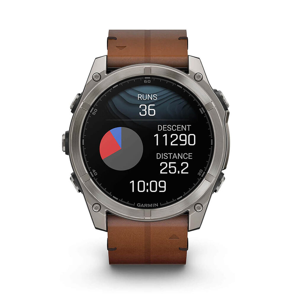 Garmin fenix® 8 AMOLED Sapphire 51mm Carbon Grey DLC Case Chestnut Leather Strap Watch image number 4