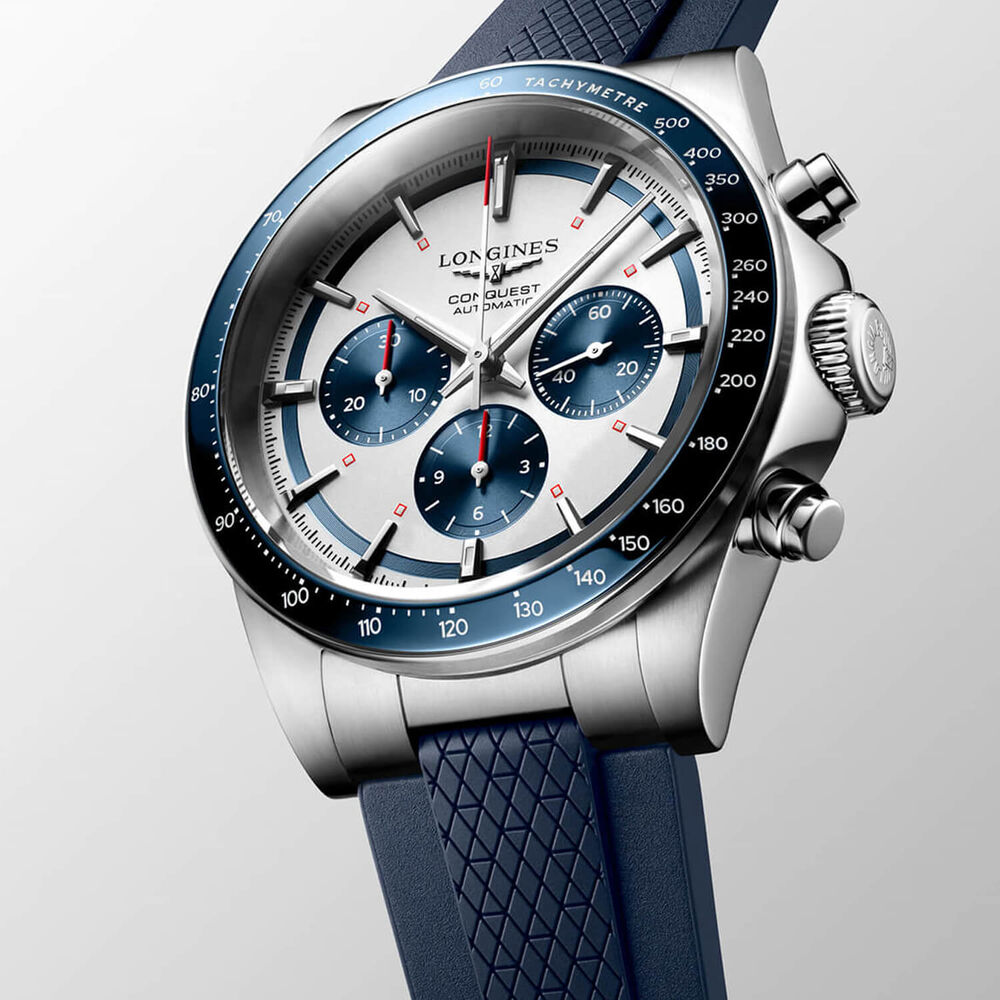 Longines Conquest Chronograph 42mm Silver Dial Blue Rubber Strap Watch