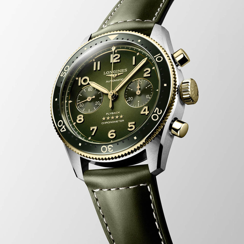 Longines Spirit Flyback Chronograph 42mm Green Dial Steel & 18k Gold Case Leather Strap Watch