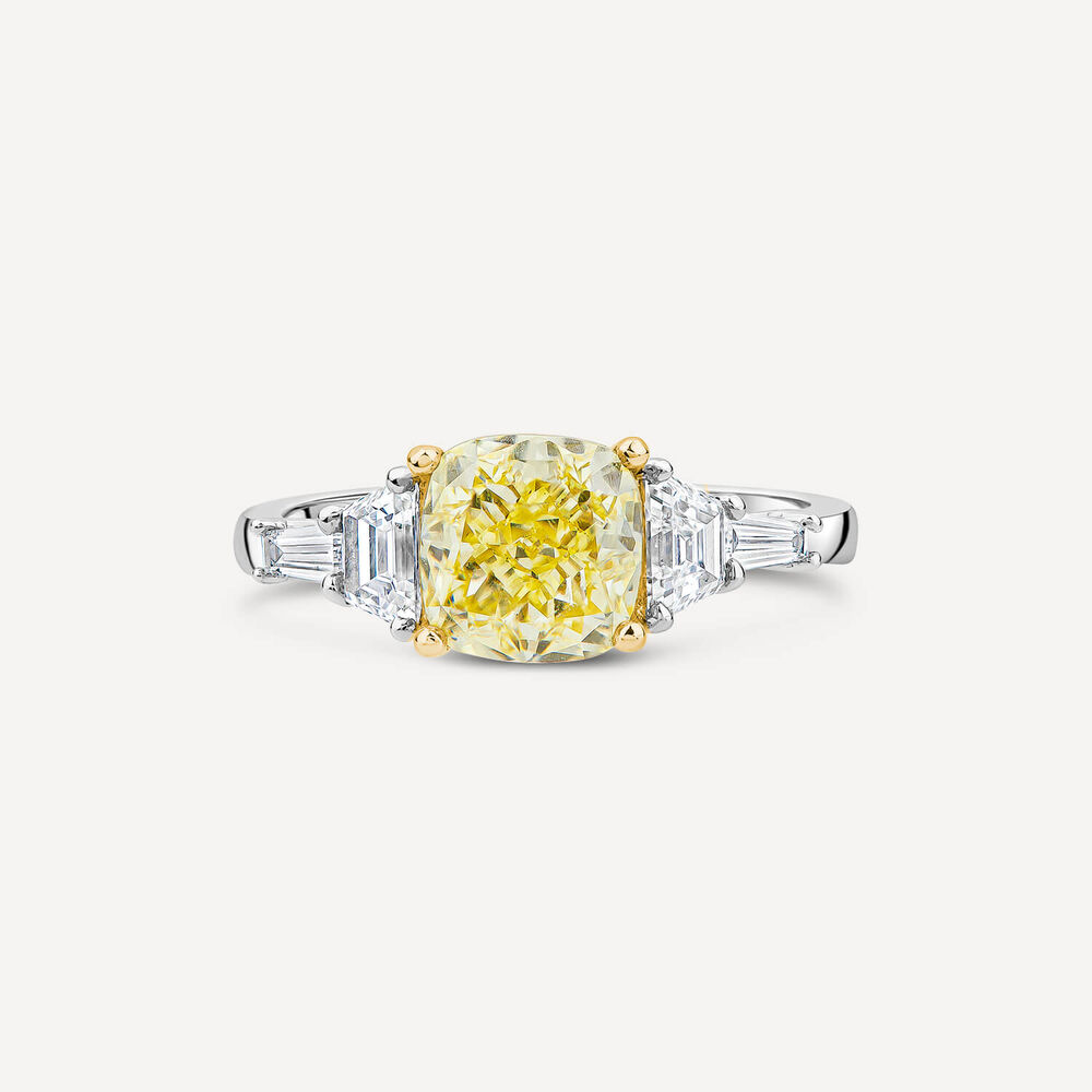 Born Platinum & 18ct YG 2.6ct Yellow Cushion Centre Tapered Shaped Lab Grown Diamond Sides Ring