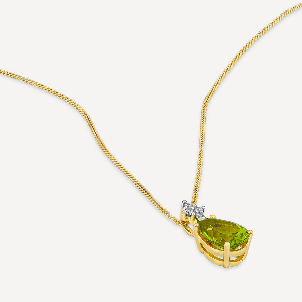 9ct Yellow Gold Pear Peridot & 0.05ct Diamond Pendant image number 3