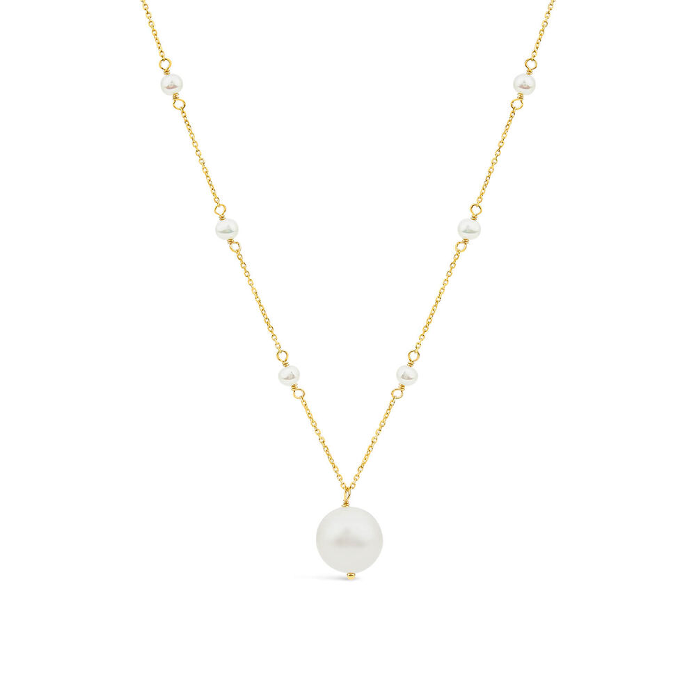 9ct Yellow Gold Pearl Station Chain & Pearl Drop Pendant Necklet
