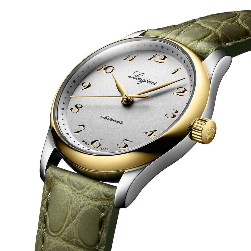 Longines Master Collection 34mm Silver Dial Yellow Gold Index Green Leather Strap Watch image number 2