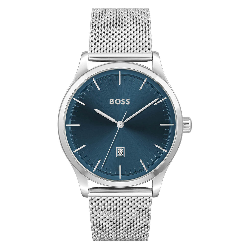 BOSS Reason 43mm Blue Dial Stainless Steel Mesh Bracelet Watch & Bracelet Set