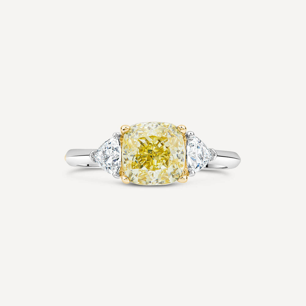 Born Platinum & 18ct YG Head 2.50ct Yellow Cushion Centre Trilogy Lab Grown Diamond Sides Ring