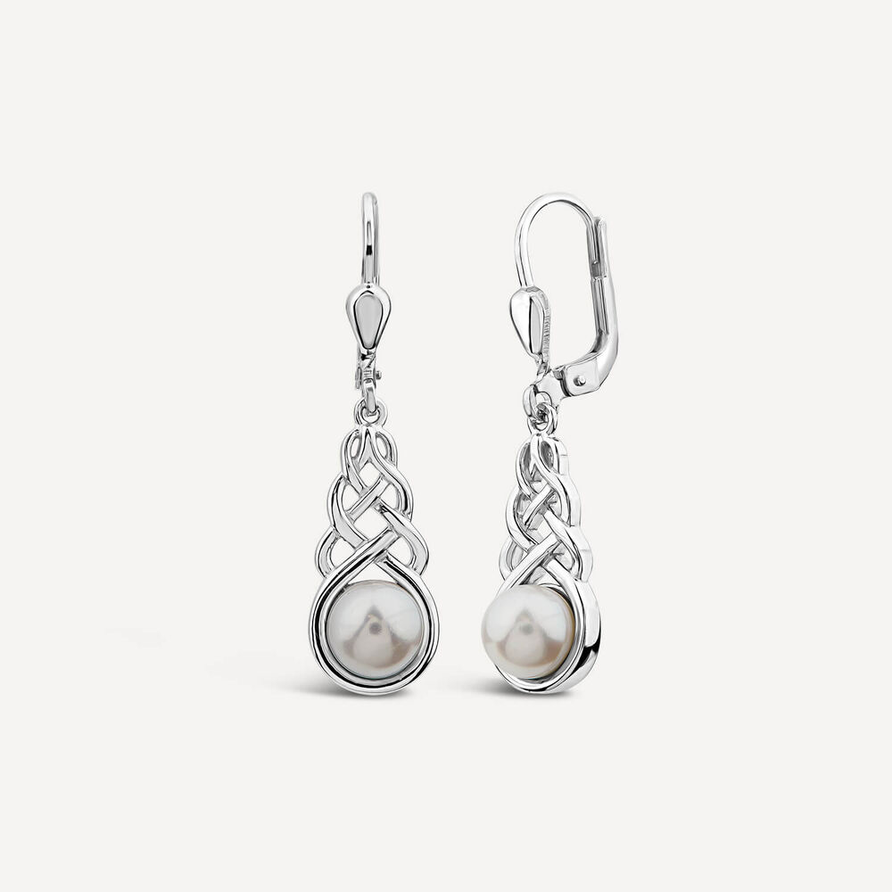 Sterling Silver Fresh Water Pearl Celtic Knot Drop Earrings image number 1