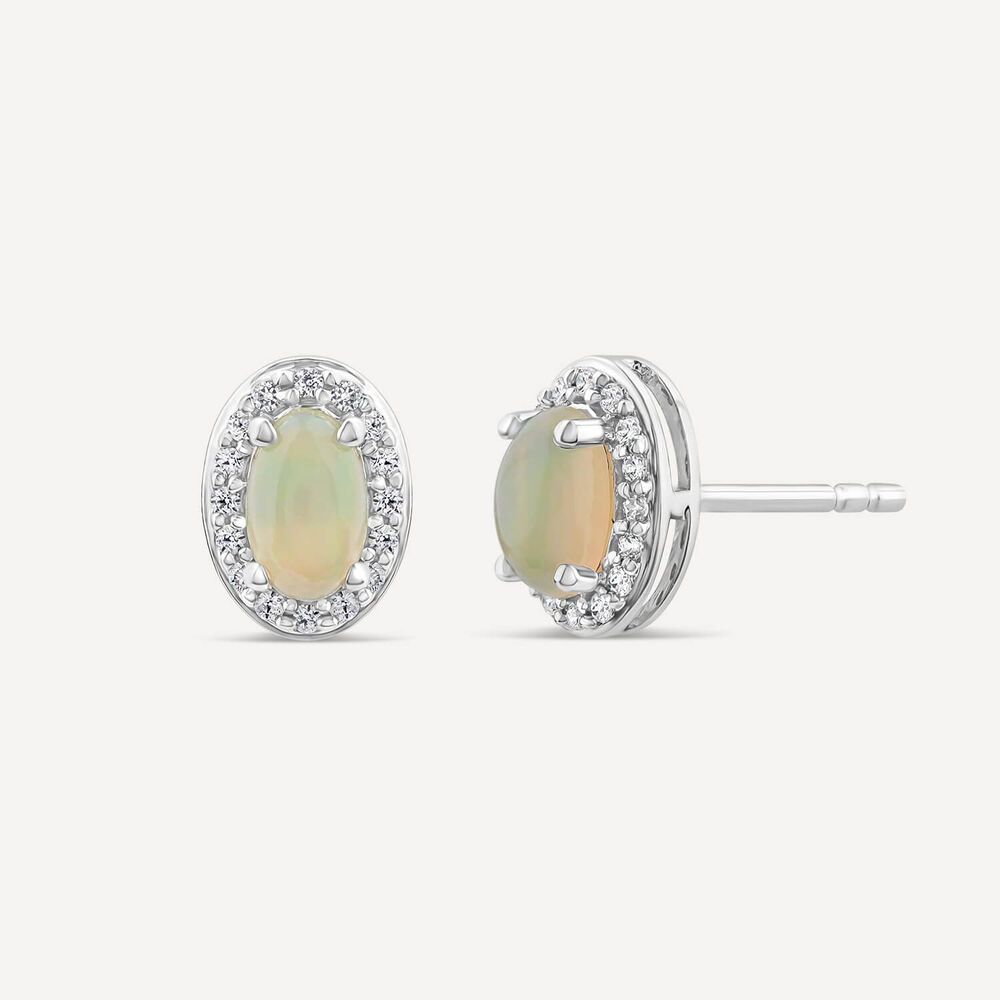 9ct White Gold Oval Opal & 0.10ct Diamond Halo Stud Earrings