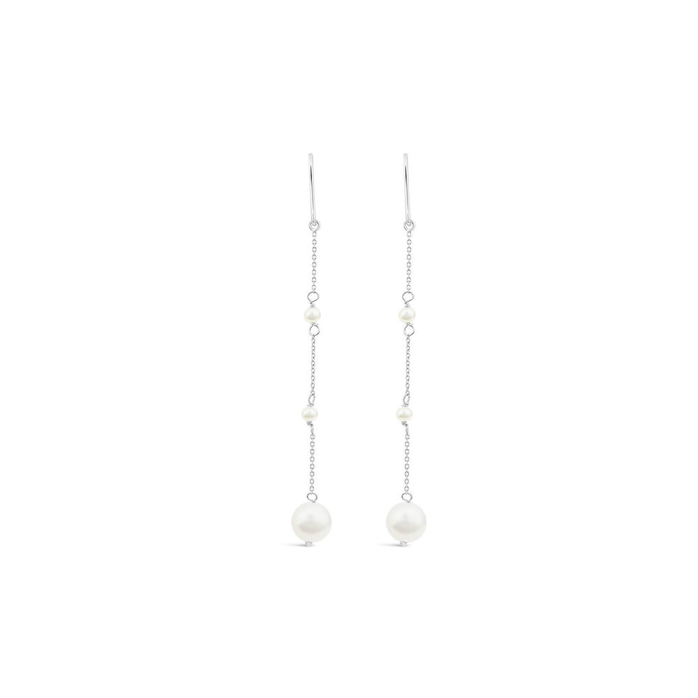 9ct White Gold Pearl Station Chain Drop Earrings image number 0