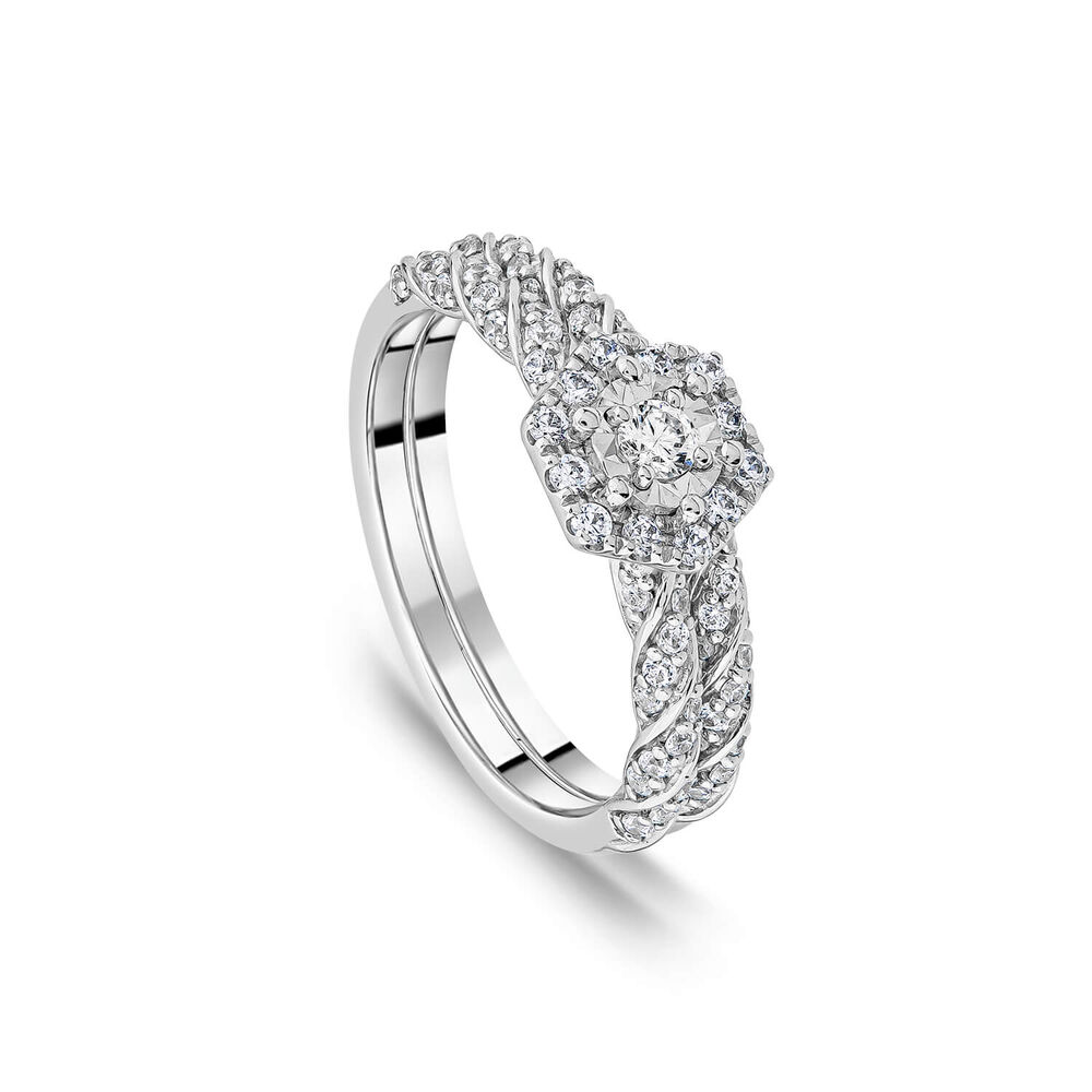 18ct White Gold 0.56ct Hexagon Cluster & Twist Diamond Shoulders Bridal Set image number 0