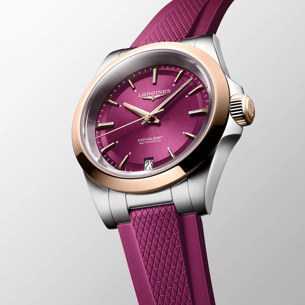 Longines Conquest 34mm Purple Dial Pink Gold Case Rubber Strap Watch